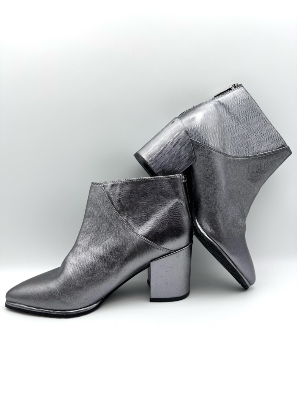 Sacha London Silver-Pewter Leather Metallic Ankle Boots  - Size 6.5